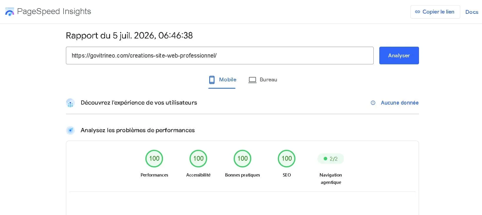 Rapport Google PageSpeed Insights du site Créations de sites pro