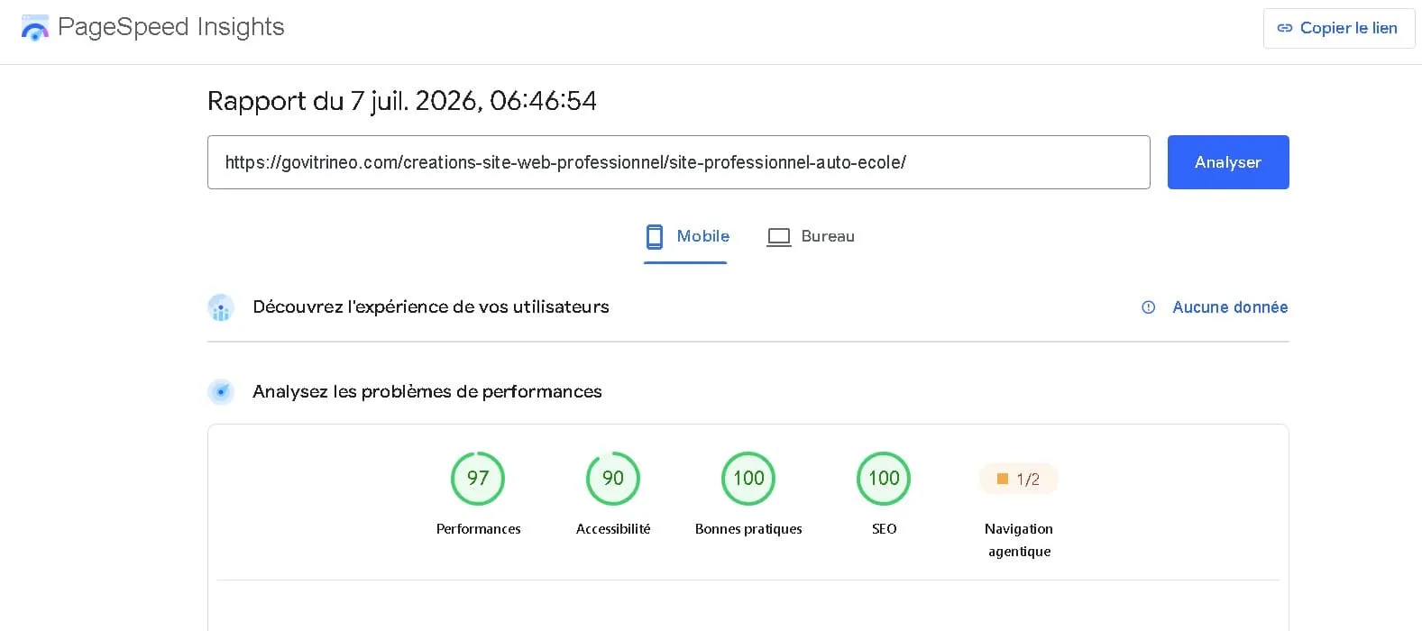 Résultat Google PageSpeed Insights — Auto-école