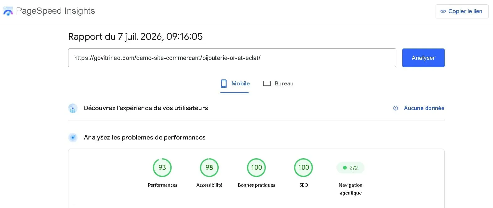 Résultat Google PageSpeed Insights — Bijouterie Or & Éclat