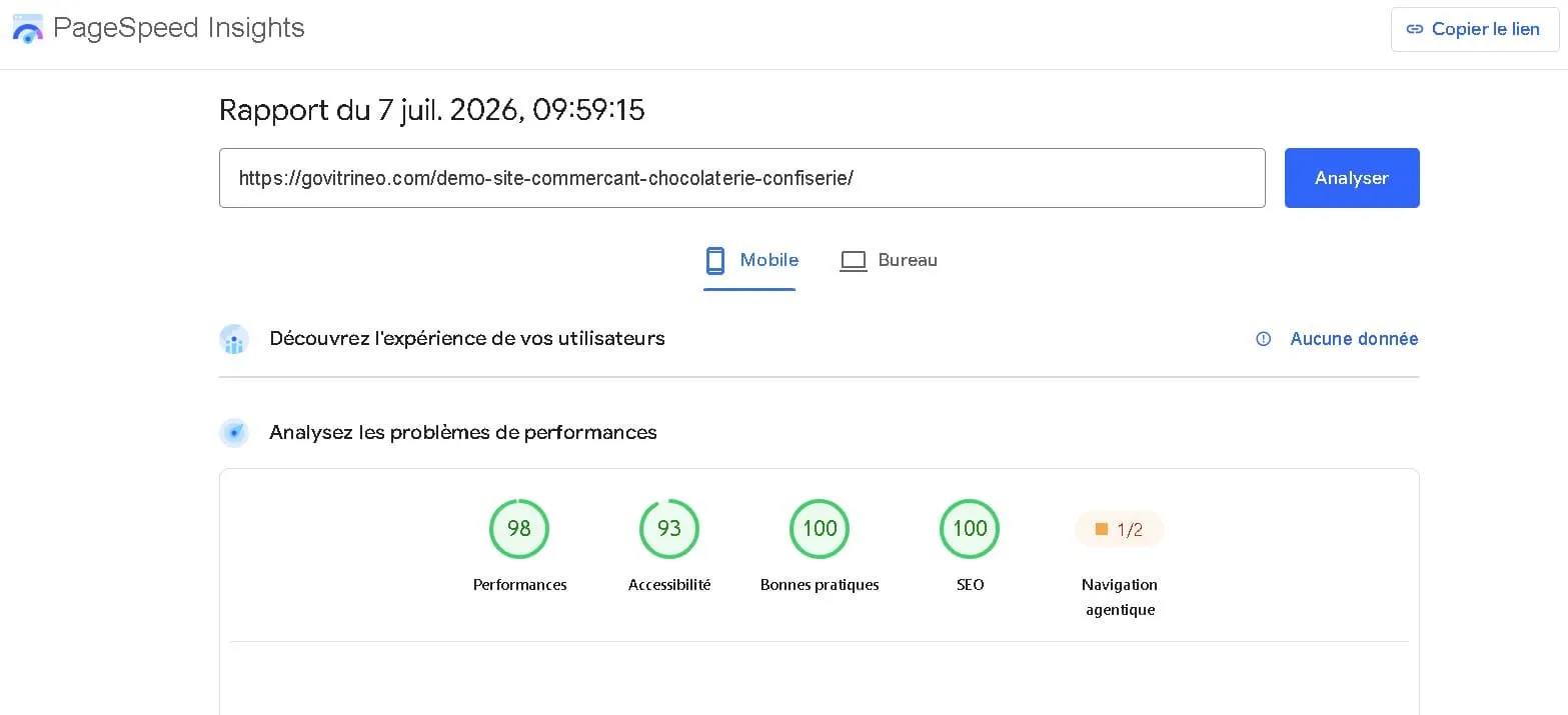 Résultat Google PageSpeed Insights — Chocolaterie Maison Cacao