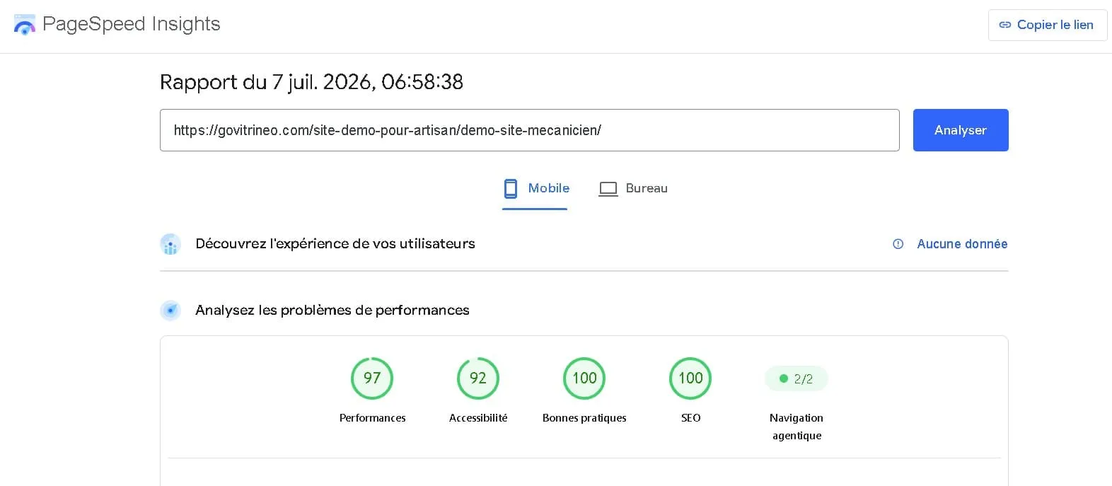 Résultat Google PageSpeed Insights — Mécanicien