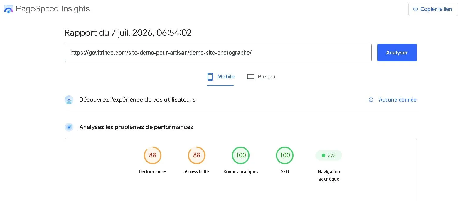 Résultat Google PageSpeed Insights — Photographe