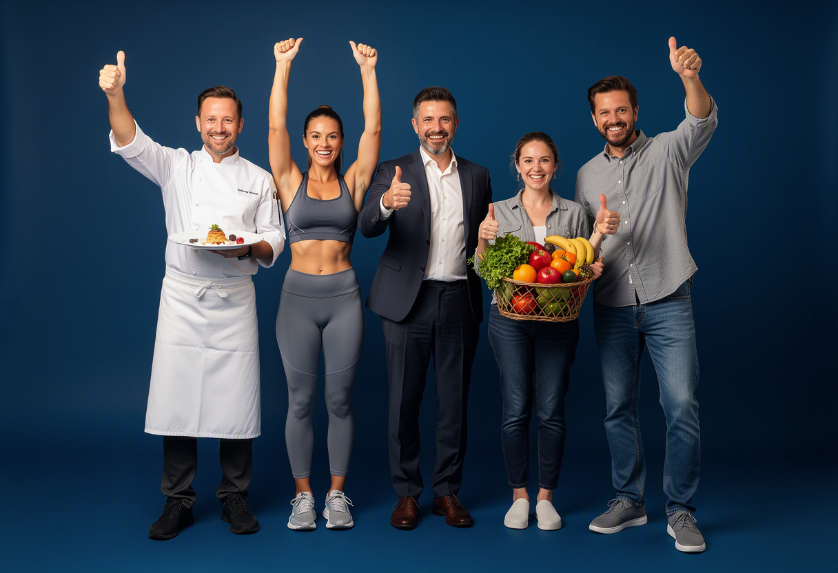 Groupe de professionnels souriants — chef, coach, commerçante et artisans — clients GoVitrineo