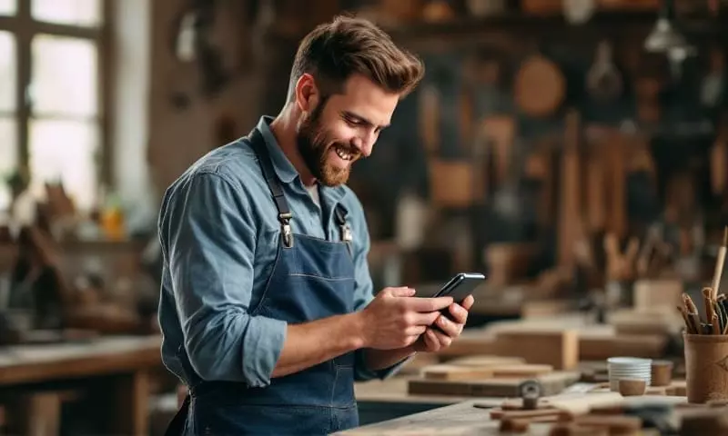 Artisan menuisier à Saint-Brieuc consultant son site internet professionnel sur smartphone dans son atelier