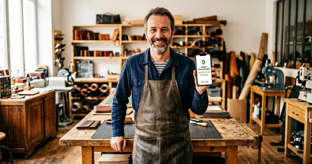 Artisan souriant consultant ses avis Google 5 étoiles sur smartphone après une prestation réussie