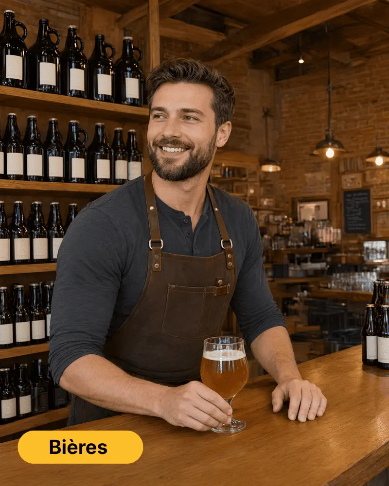 Vendeur dans un magasin de bières artisanales avec bouteilles en rayon