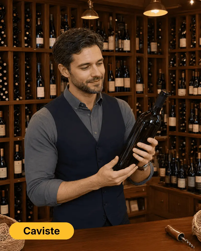 Caviste sélectionnant une bouteille de vin dans une cave à vins