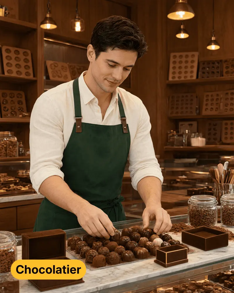 Chocolatier préparant des chocolats artisanaux dans une chocolaterie