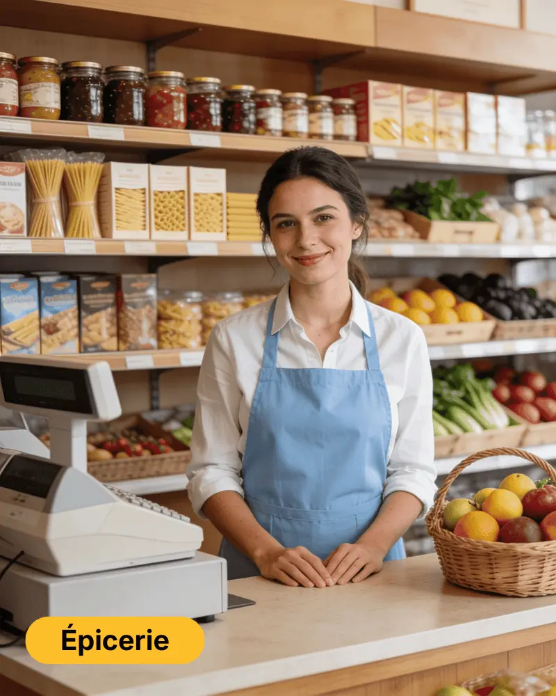 Vendeuse dans une épicerie fine proposant des produits locaux et gourmands