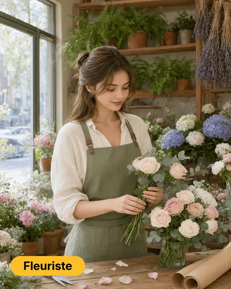 Fleuriste composant un bouquet de fleurs dans une boutique de fleurs