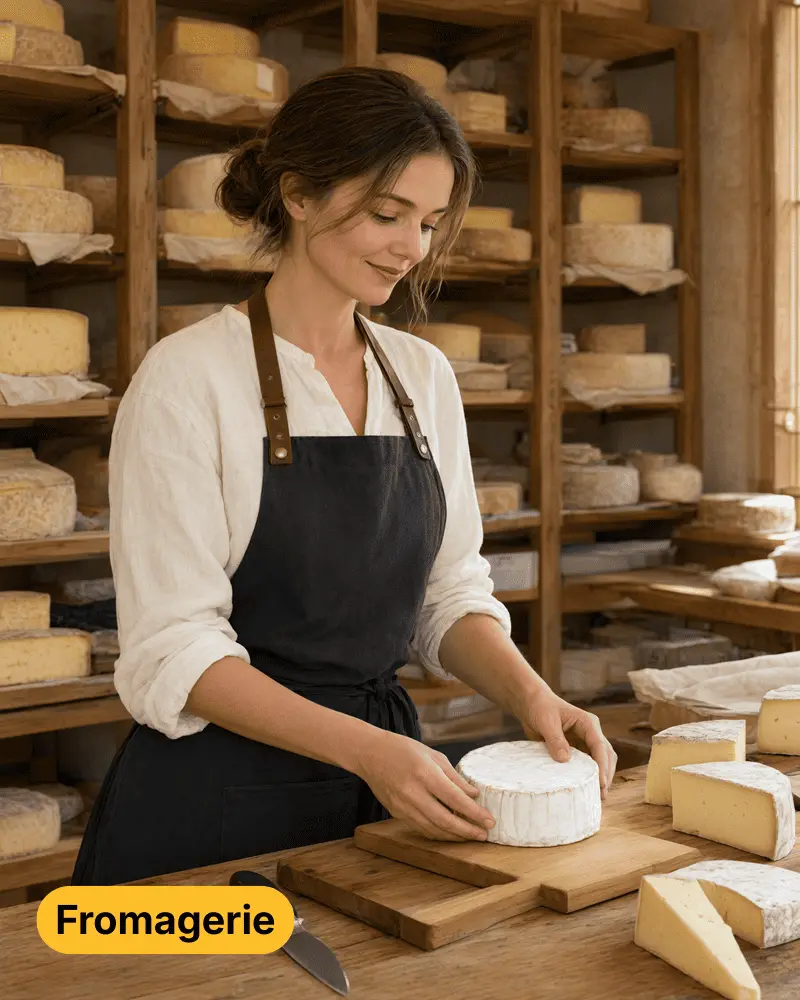Fromagère préparant un plateau de fromages artisanaux en fromagerie