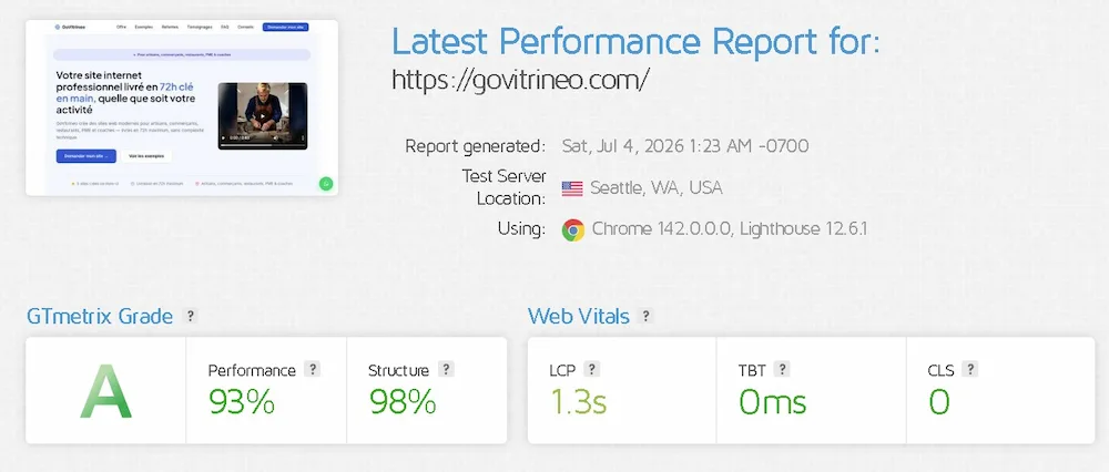 Rapport GTmetrix de govitrineo.com — note A, performance 93%, structure 98%