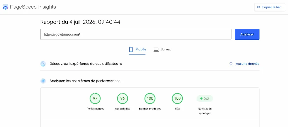 Rapport Google PageSpeed de govitrineo.com — performance 97, accessibilité 96, bonnes pratiques 100, SEO 100