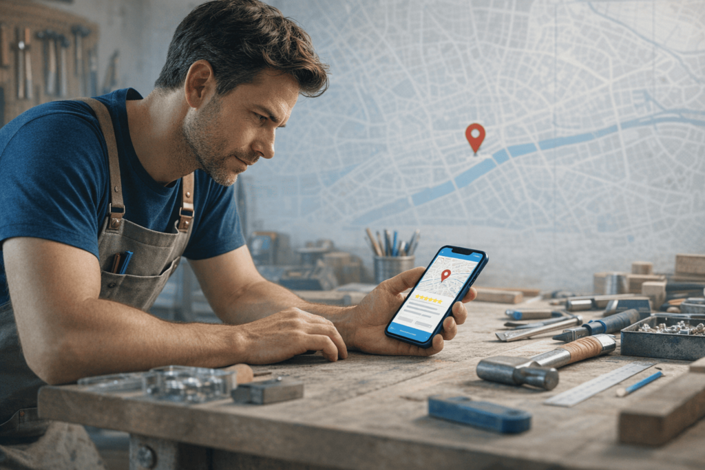 Artisan consultant ses résultats Google Maps sur smartphone pour le référencement local