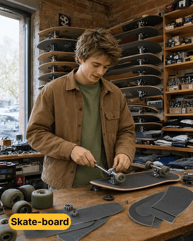 Vendeur dans un skate shop préparant une planche de skateboard